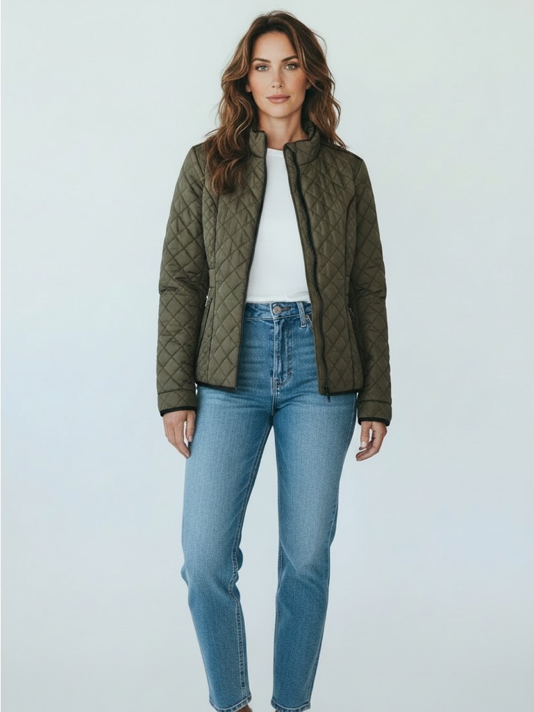 Spanner Quilted Jacket Kaki Olive Mid Coat Trendy Zip Up Stylish Timeless Large